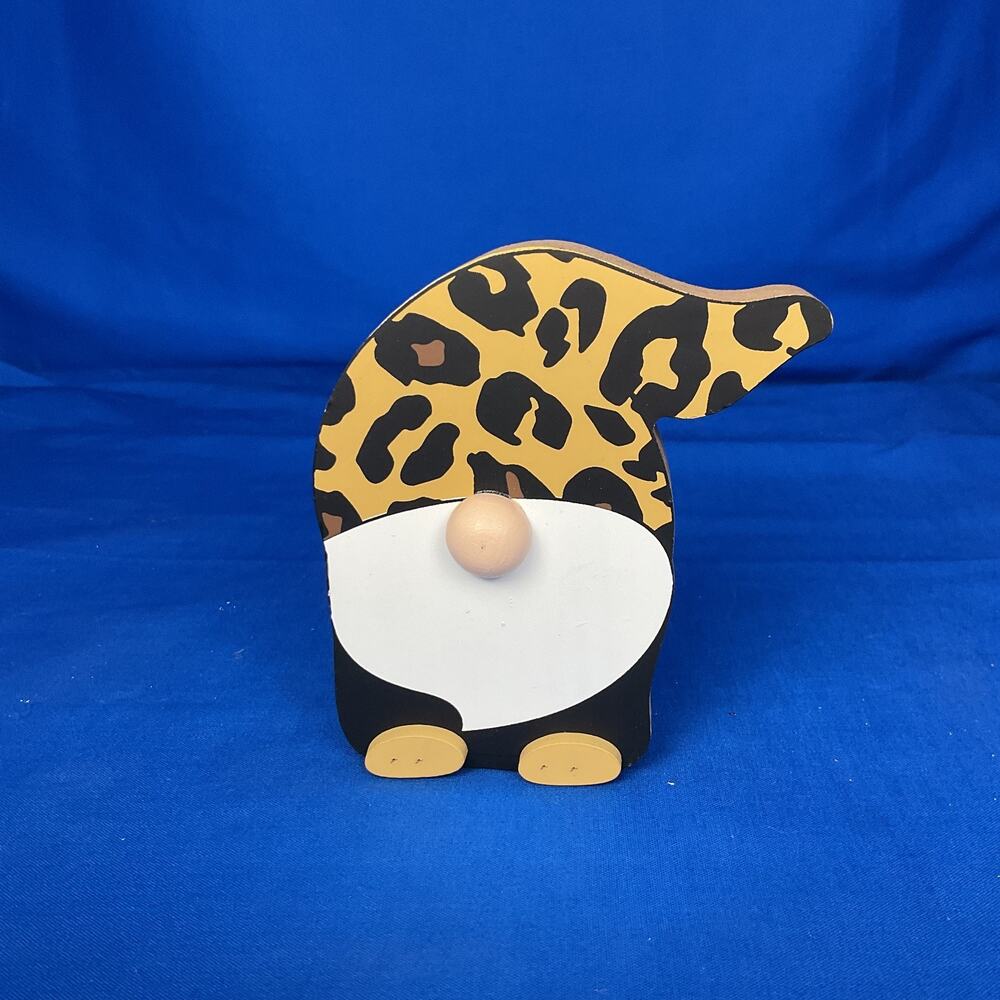 Leopard Print Gnome Shaped Wooden Block Sign Cheetah Animal Pattern Shelf Sitter